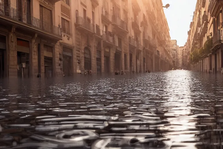 Image similar to views of catastrophic barcelona streets covered with water, global warming, sunset lighting, photo real