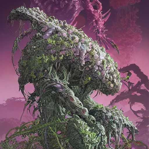 Prompt: an alien giant. A plant like alien made up of flowers, vines, and leaves. By Geoffroy Thoorens. Katsuhiro Otomo. Karlkka