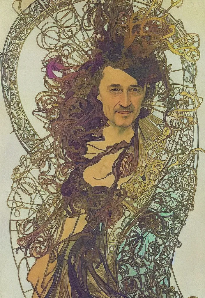 Image similar to realistic white - haired geoffrey hinton in a crown with neural networks on a tarot card, tarot in art style by alphonse mucha