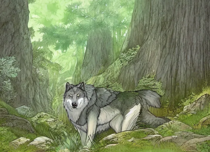 Prompt: a majestic wolf in a mythical forest next to a pathway, by ghibli studio and miyasaki, illustration, great composition