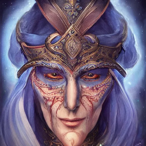 Image similar to an Artstation 3d render of Very very very very highly detailed beautiful mystic portrait of a phantom warrior with galaxy, tattoos by Anton Pieck, intricate, extremely detailed, digital painting, artstation, concept art, smooth, sharp focus, illustration, intimidating lighting, incredible art,