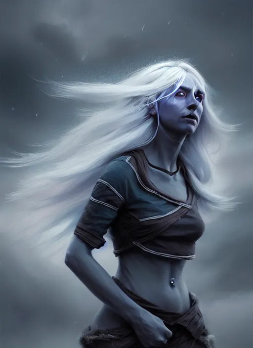 Image similar to ( hyperrealist nordic drow full body wallpaper on a windy storm planet ) by daniel f. gerhartz and matt stewart, photorealistic, dynamic lighting, bet face, very detalided body, beautiful, perfect factions, trending on artstation, poster, volumetric lighting, 4 k, award winning