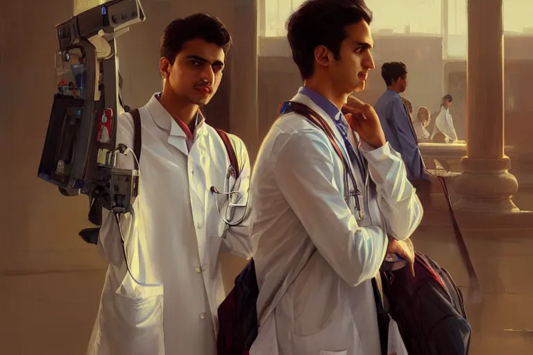 Image similar to Anxious good looking pale young Indian doctors wearing American clothes at the airport, portrait, elegant, intricate, digital painting, artstation, concept art, smooth, sharp focus, illustration, art by artgerm and greg rutkowski and alphonse mucha