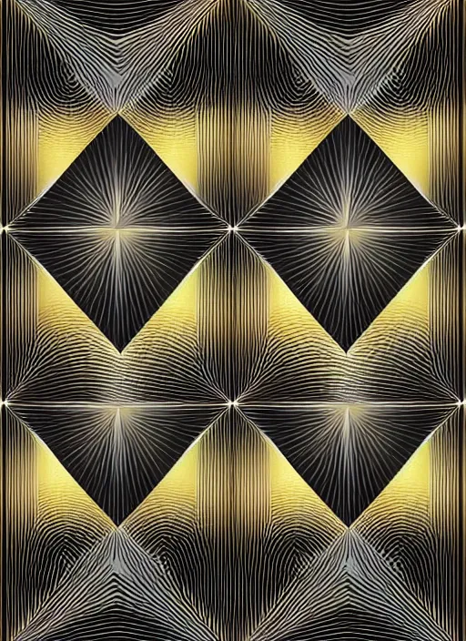 Image similar to symmetrical, award - winning painting, abstract, gold and silver shapes, rectangles, geometry, elegant, luxurious, beautiful, pitch black background