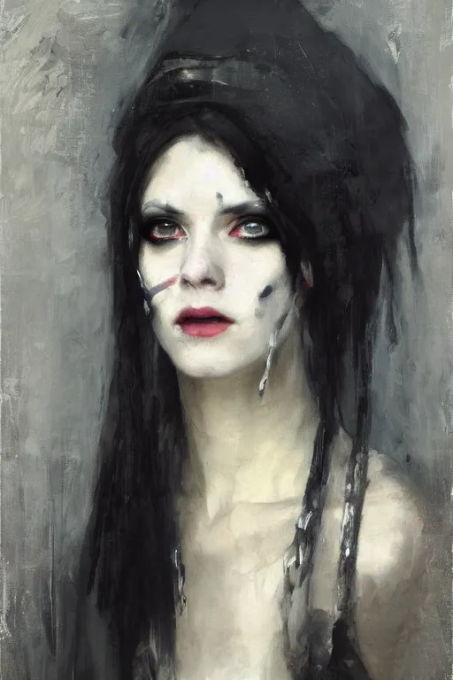 Image similar to Richard Schmid and Jeremy Lipking and Antonio Rotta full length portrait painting of a young beautiful goth punk rock priestess woman