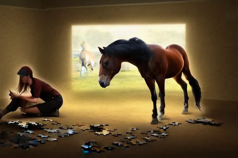 Prompt: A horse attempting to solve a jigsaw puzzle!!!, looking confused, cinematic lighting, evening light, stables, digital painting, volumetric light, concept art, trending on artstation