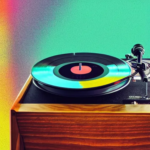 Prompt: Colorful image of retro vinyl record player isolated over colorful background vintage things in modern life