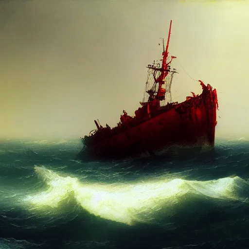 Image similar to bloody ocean, rusted iron ship sinking in red blood ocean, by Ivan Aivazovsky, junji ito, hd 8k, rusted big ship