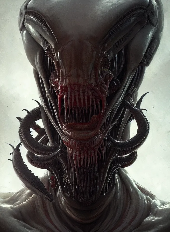 Prompt: a face portrait of a creature invoking fear, art by greg rutkowski, alien xenomorph, horror setting, dark lighting, matte painting, trending on artstation, very detailed