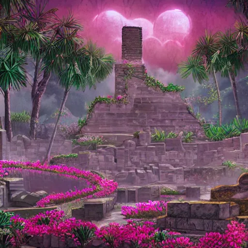 Prompt: ancient ruins covered with flowers, epic retrowave art, trending on art station