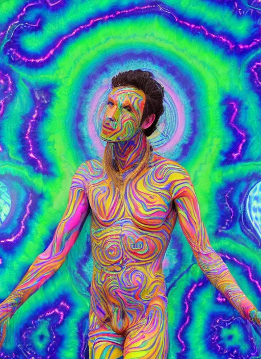 Prompt: full body statue of a psychedelic shaman by Jean-Baptiste Carpeaux and Luo Li Rong and Michael James Talbot, all body, flying in space. perfect symmetrical face, colorful, psychedelic psychedelic psychedelic colors, fresh rainbow bodypainting, synthwave, in full growth, elegant, realistic, 8K, female full-skin figure, hyperrealism, subsurface scattering, raytracing, rim light, Octane Render, Redshift, Zbrush, Zdzisław Beksiński, complex psychedelic glitch background