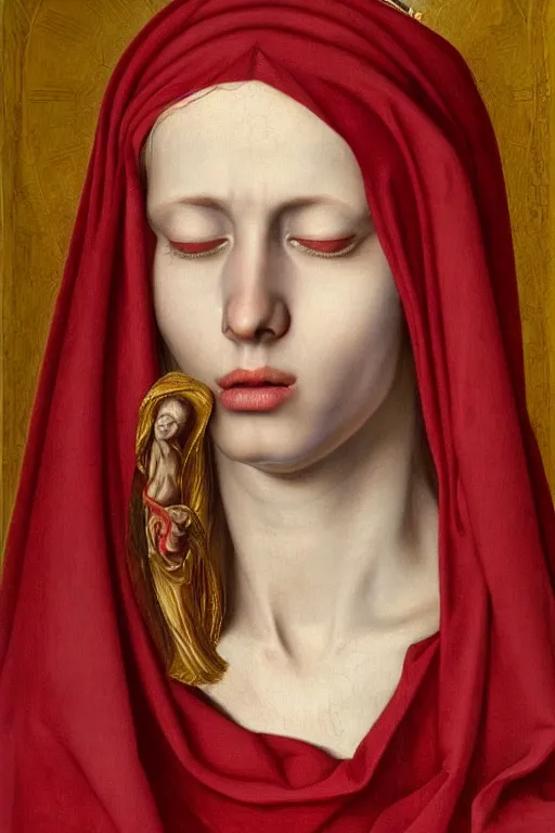 Prompt: hyperrealism portrait of crying red virgin mary with red skin and white patch, in golden crown, in style of classicism, hyper detailed