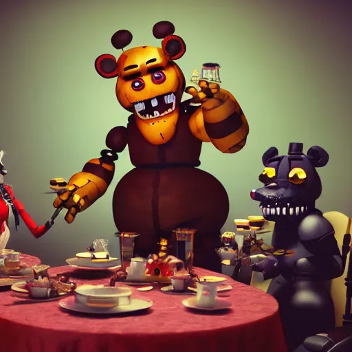 Prompt: a five nights at freddy's animatronic having an intense tea party with the queen of england, octane render / source, oil painting, trending on artstation, rossdraws