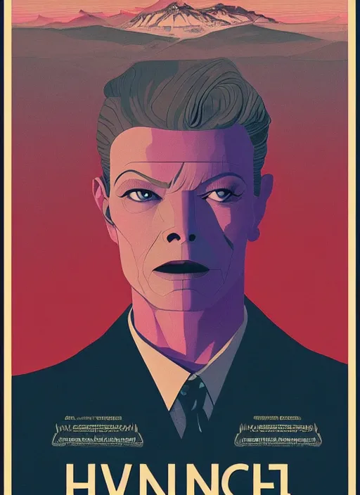 Prompt: Twin Peaks movie poster artwork by Tomer Hanuka and Michael Whelan, Rendering of David Bowie head in a jar full of details, by Makoto Shinkai and thomas kinkade, Matte painting, trending on artstation and unreal engine