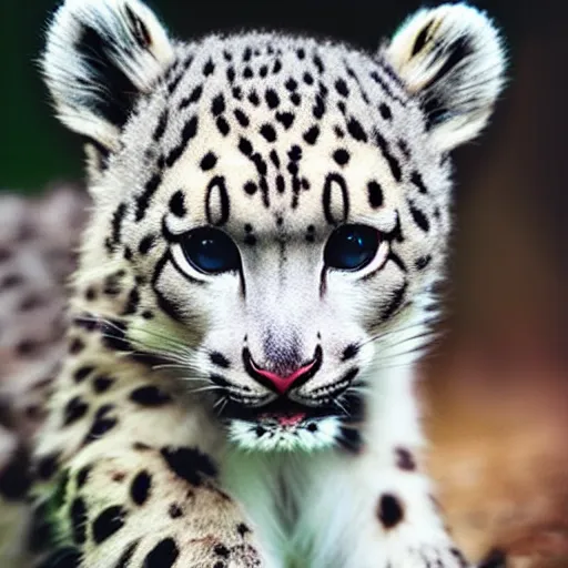 Image similar to very very very very very cute chibi baby snow leopard, portrait, pixar style, forest background, cinematic lighting, award winning creature portrait photography