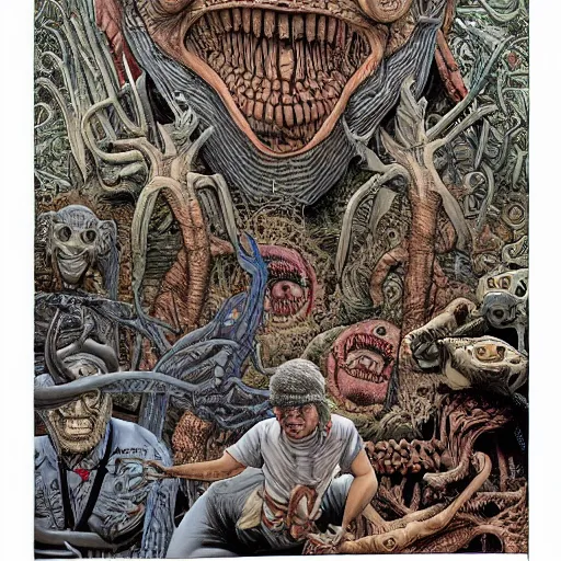 Image similar to an impossible nightmare beyond comprehension, very very detailed painting by geof darrow and greg rutowski and hr giger