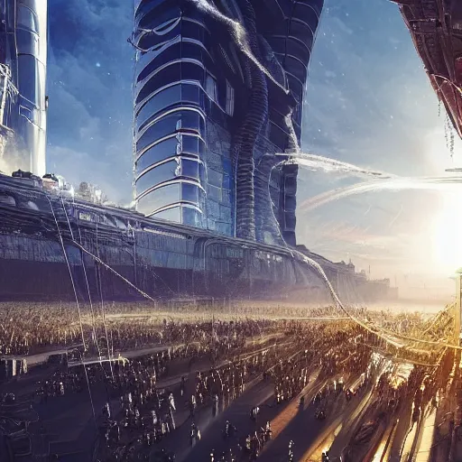 Prompt: detailed intricate epic atmospheric illustration hyper detailed, millions of robot android workers standing in a crowd surrounding a gleaming steel and glass tower impossibly tall reflecting the bright sun, in a future city
