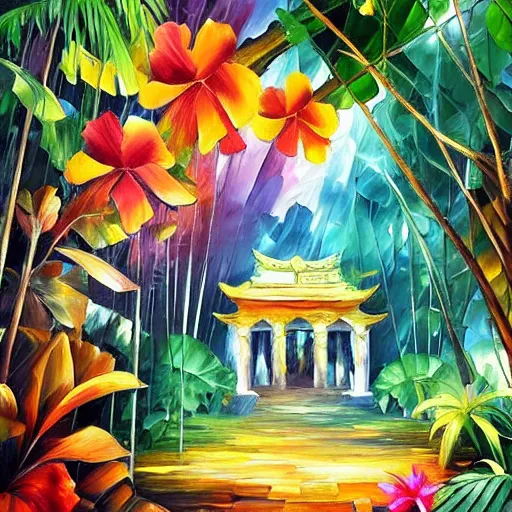 Prompt: a jungle temple surrounded by beautiful tropical flowers and plants, by leonid afremov