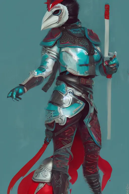 Image similar to female adventurer in tight full - body teal leather armor of japanese design with red accents and a white porcelain crow mask, trending in artstation, japanese, by wlop, establishing shot