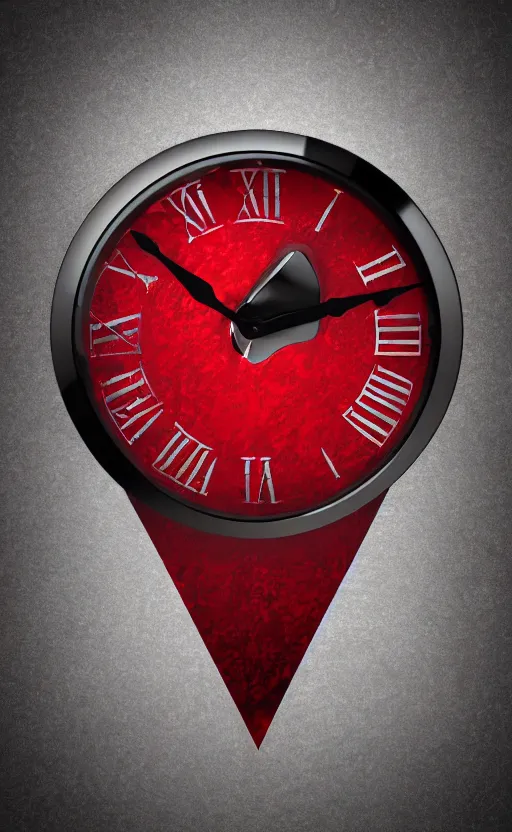 Image similar to a melting Roman numeral clock, behind a red and black gradient background, awith a black heart shaped on the top left corner and a black diamond card shape in the bottom right corner, dynamic lighting, photorealistic fantasy concept art, trending on art station, stunning visuals, cinematic, creative, ultra detailed