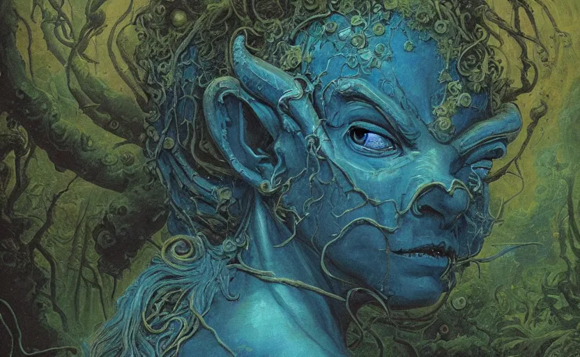 Prompt: a close - up rococo portrait of an futuristic blue alien elf - like creature covered in moss, mushrooms, and swamp. night time. rich colors, high contast. gloomy, highly detailed 1 8 th century sci - fi fantasy masterpiece painting by jean - honore fragonard, moebius, and johfra bosschart. artstation