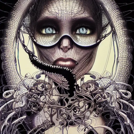 Prompt: x - ray portrait closeup of dark beautiful woman with snakes from her mouth, symmetrical, glitches, by yoichi hatakenaka, masamune shirow, josan gonzales and dan mumford, ayami kojima, takato yamamoto, barclay shaw, karol bak, yukito kishiro