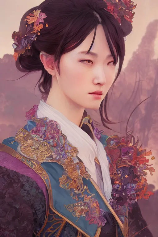 Prompt: portrait online game genshin character ayaka, in ruined fantasy world Sunrise, ssci-fi, fantasy, intricate, very beautiful and elegant, highly detailed, digital painting, artstation, concept art, smooth and sharp focus, illustration, art by tian zi and WLOP and alphonse mucha