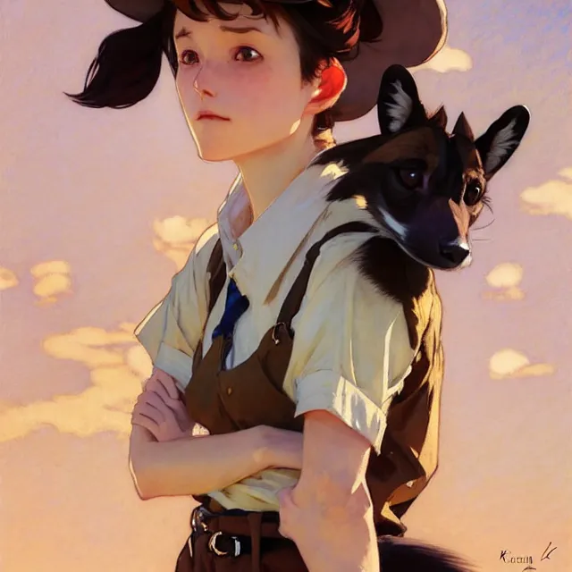 Image similar to a female character inspired by an african wild dog, flannel shirt and shorts, brown white and black short hair, basic background, krenz cushart, mucha, ghibli, by joaquin sorolla rhads leyendecker, by ohara koson
