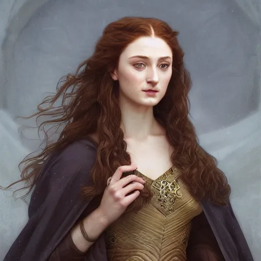 Image similar to portrait of sansa stark, intricate, elegant, highly detailed, digital painting, artstation, concept art, smooth, sharp focus, illustration, art by artgerm and greg rutkowski and alphonse mucha and william - adolphe bouguereau