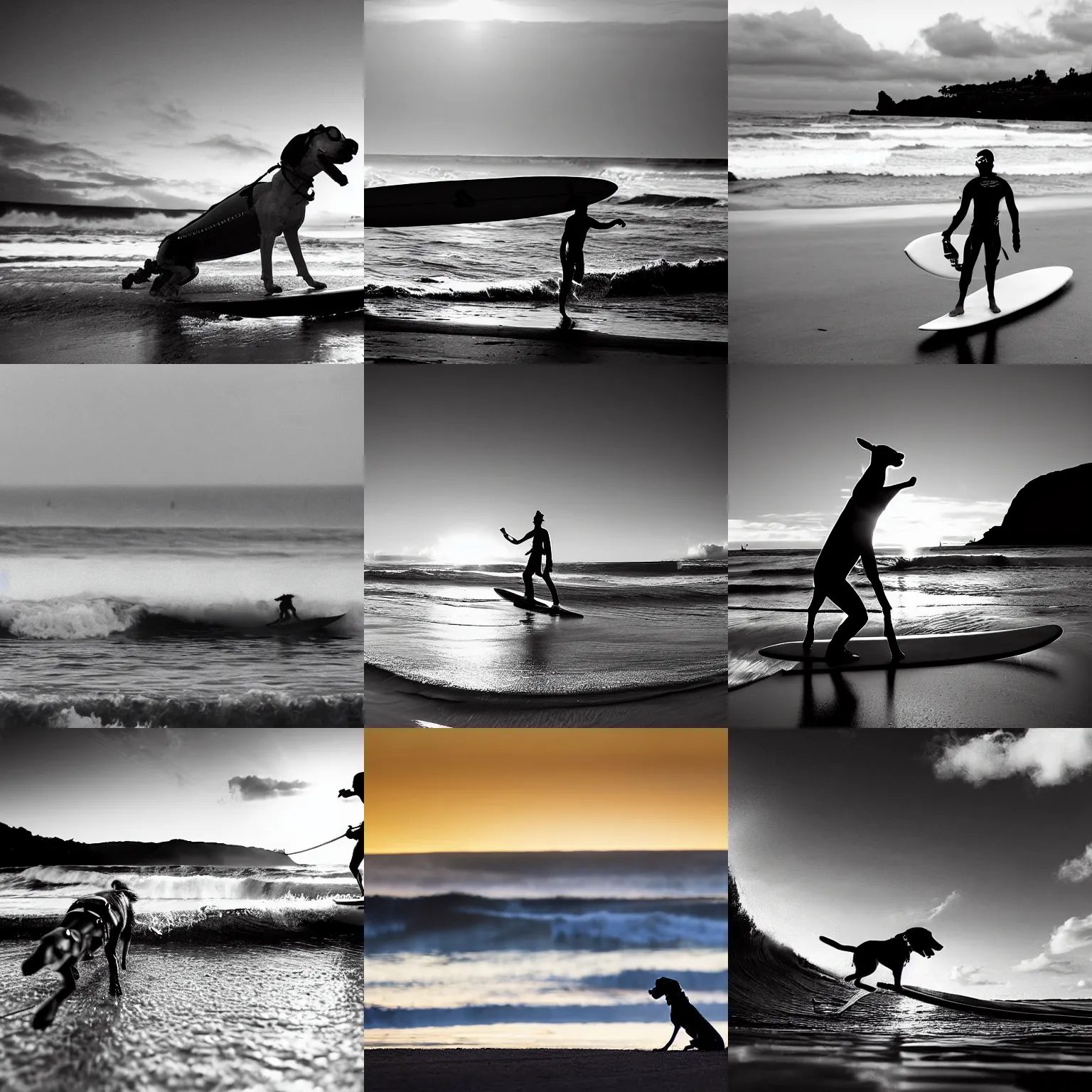 Prompt: a cyborg dog wearing welding goggles surfs a wave in waimea bay on a 1 0 - foot wooden longboard at sunset, black and white film photograph