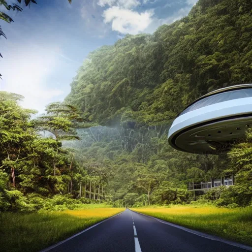 Image similar to extreme wide shot a futuristic containment building in a rainforest valley with a city in the distance, national geographic, hyper realistic, 4 k, harsh light