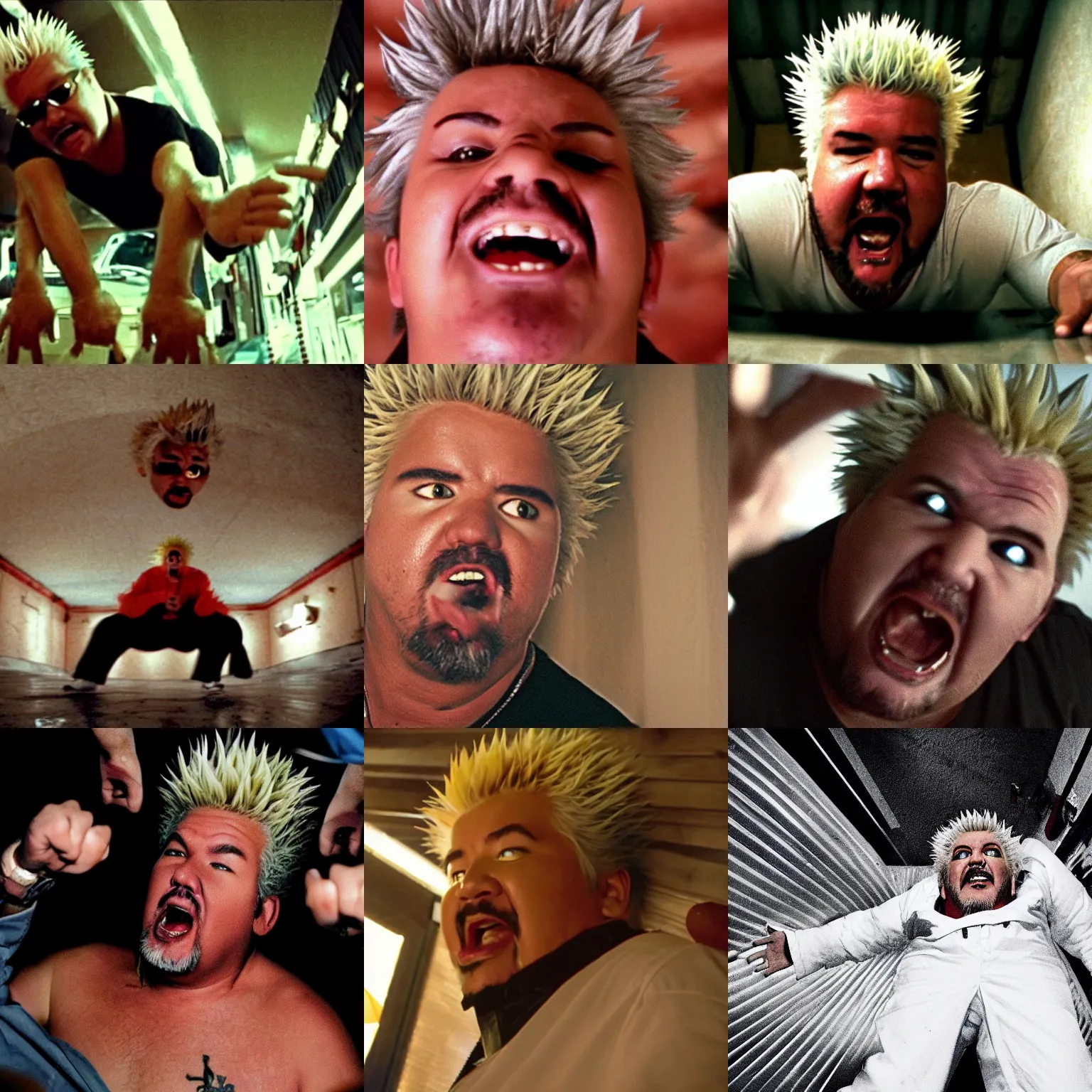 Prompt: Guy Fieri crawling along the ceiling directed by Takashi Shimizu, movie still, low angle, camera facing upwards, creepy, dark, horror, scary