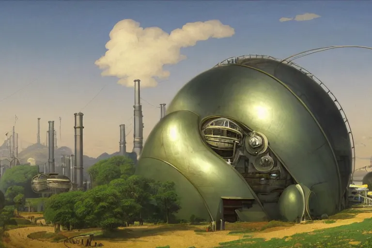 Prompt: an impressive science fiction big factory with a spherical architecture designed by boeing military and star wars with fat cables and pipes, on a beautiful green hill in a the french countryside during spring season, painting by studio ghibli backgrounds and louis remy mignot hd, nice lighting, smooth tiny details, soft and clear shadows, low contrast, perfect