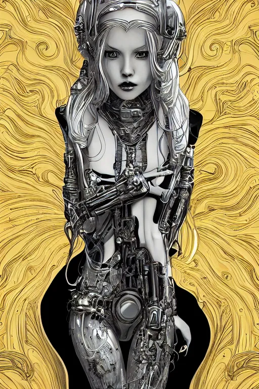 Image similar to gold and silver tones, cybernetic princess, style of moebius, james jean, mcbess, star wars, long glowing ethereal hair, cinematic, highly detailed, award winning, 8 k photorealistic