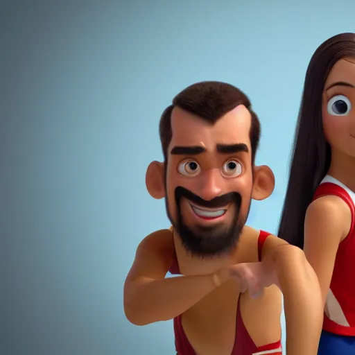 Prompt: young beautiful athletic Filipino woman with long hair standing beside a handsome caucasian athletic thin man with very short buzzed hair, balding, stubble on his face, blue eyes, they are posing, depicted as adult Pixar characters, high quality cg render, 4k
