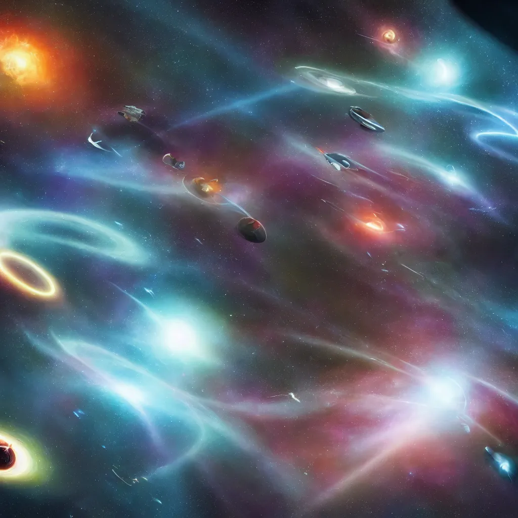 Image similar to galactic space fleet flying into a black hole 8 k resolution