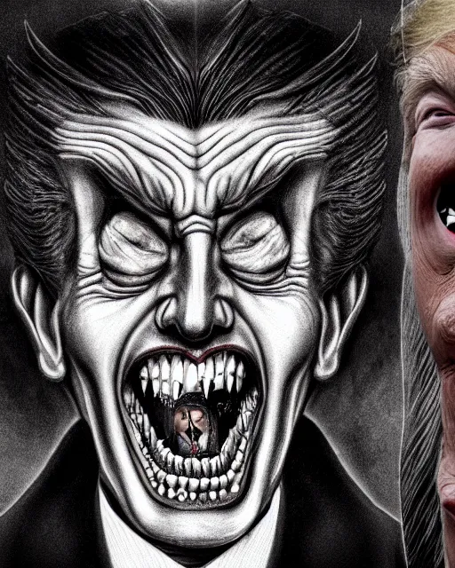Image similar to photograph portrait of donald trump as dracula, fangs, character portrait, close up, concept art, intricate details, in the style of otto dix and h. r giger