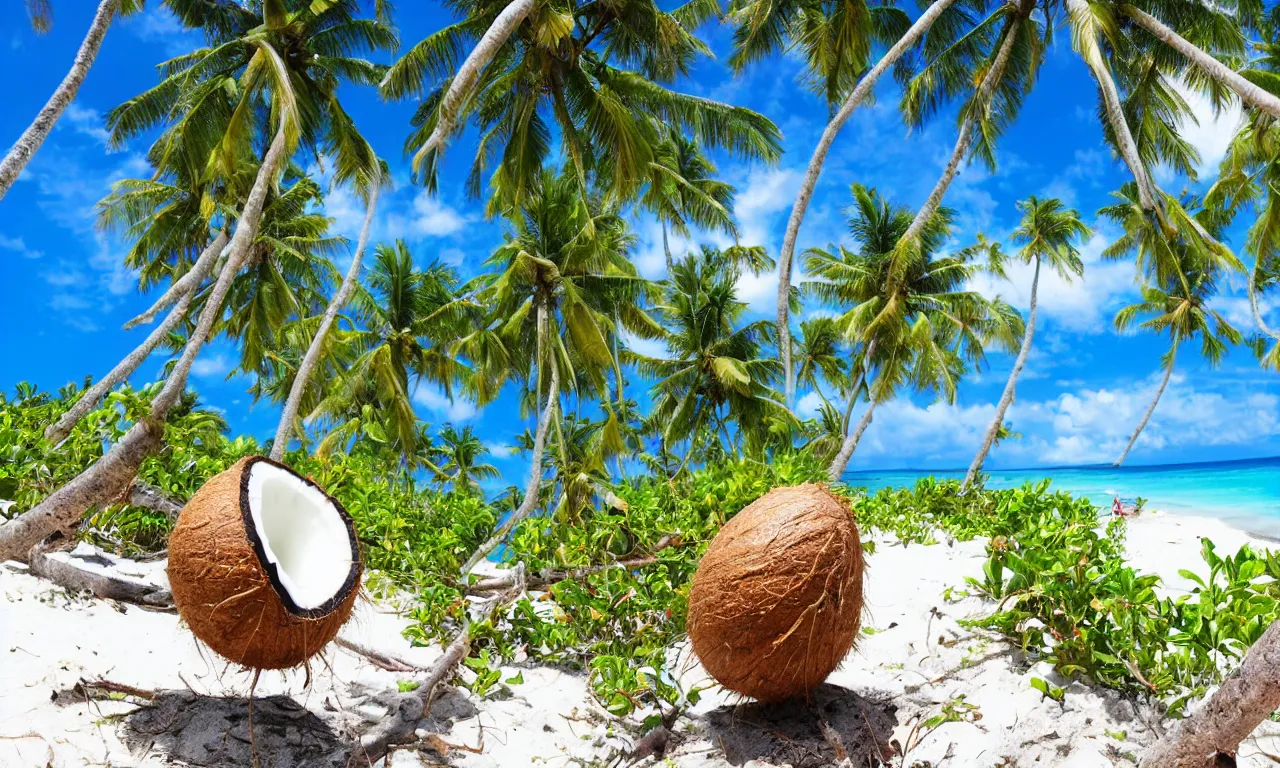 Prompt: coconut on paradise beach