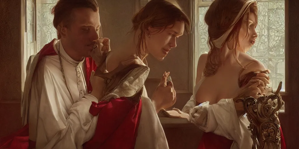 Image similar to photography of a pope making touching a sensual woman in a bedroom, deep focus, intricate, elegant, highly detailed, digital painting, artstation, concept art, matte, sharp focus, illustration, art by artgerm and greg rutkowski and alphonse mucha