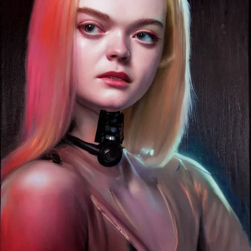 Prompt: ultra realistic portrait painting of elle fanning as a cyberpunk cop, art by frank frazetta, 4 k, ultra realistic, highly detailed, epic lighting