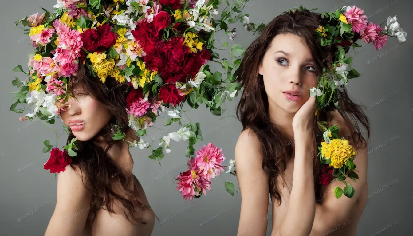 Image similar to beautiful woman with a head made from a bouquet of flowers