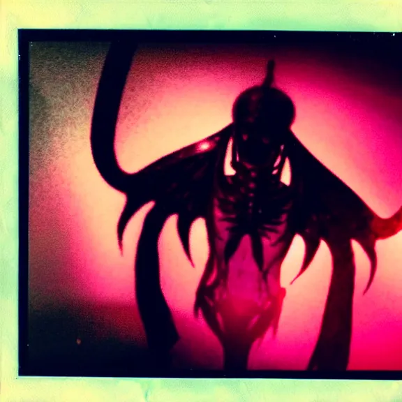 Image similar to a dark artistic photo of an alien creature with crazy wings, liminal eerie midnight backlit, big budget horror, a polaroid photo, bleeding decaying colors!