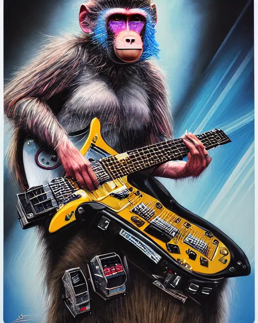 Image similar to a portrait of an anthropomorphic cyberpunk baboon shredding an electric guitar by sandra chevrier, by jon foster, detailed render, tape deck, epic composition, cybernetics, 4 k realistic, cryengine, realistic shaded lighting, sharp focus, masterpiece, by enki bilal