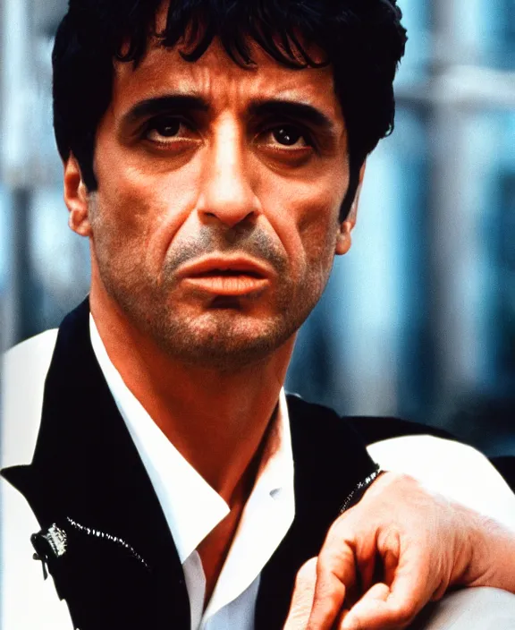 Image similar to headshot portrait. tony montana from movie scarface 1 9 8 3. al pacino, perfect symmetric face, coherent eyes, fine details., 4 k, ron cobb. cinestill