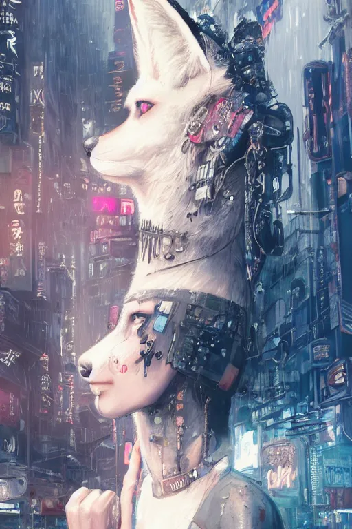 Prompt: gorgeous portrait of a tall beautiful white female anthro fox smoking a cigarette towering head and shoulders above the bustling crowd of a rainy city street around her, goth punk clothes, cyberpunk, harsh neon lights, highly detailed, sharp focus, digital painting, illustration, trending on artstation, art by sakimichan, wlop, greg rutkowski