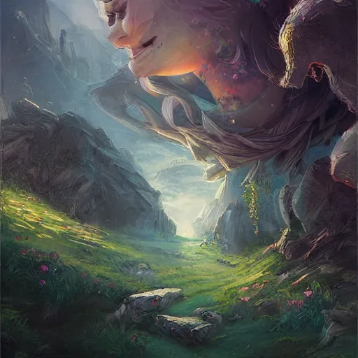 Image similar to fantasy book cover painting, a lively landscape in the country by Ross Tran