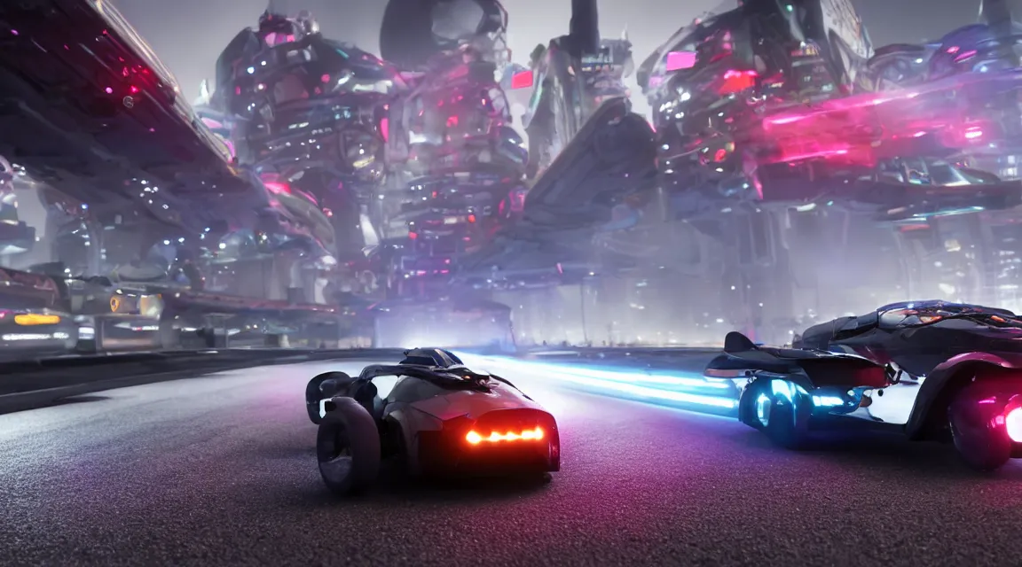 Image similar to mid to close up of a hover car from wipeout hd on a racetrack high motion blur lots of fog and very high depth of field LED strip lights on the road RTX render photorealistic 8k rendered on octane