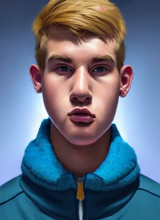 Image similar to portrait of high school senior boy named big moose, blonde short hair, jock, beefy, wide face, square jaw, square facial structure, blue varsity jacket with letter r, intricate, elegant, glowing lights, highly detailed, digital painting, artstation, concept art, sharp focus, illustration, art by wlop, mars ravelo and greg rutkowski