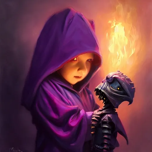 Prompt: Little nightmares, purple raincoat, fiery eyes, cuddling her demogorgon, painted by raymond swanland