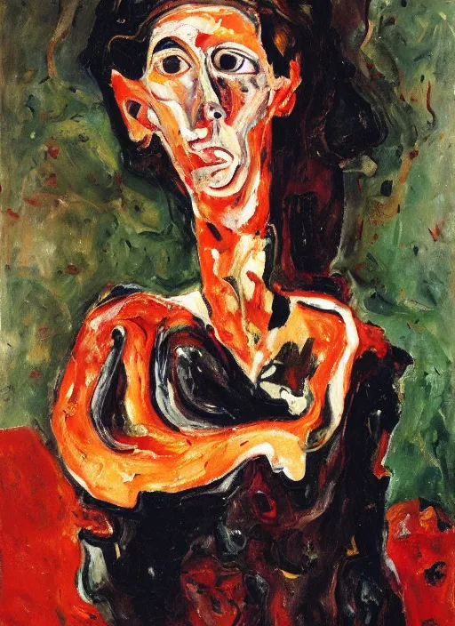 Image similar to an oil painting of a woman looking distressed, intense eyes, in a red dress posing with meat in expressive style of Chaim Soutine and Frank Auerbach, palette of maroon alizarin and dark gray greens, thick impasto painting technique
